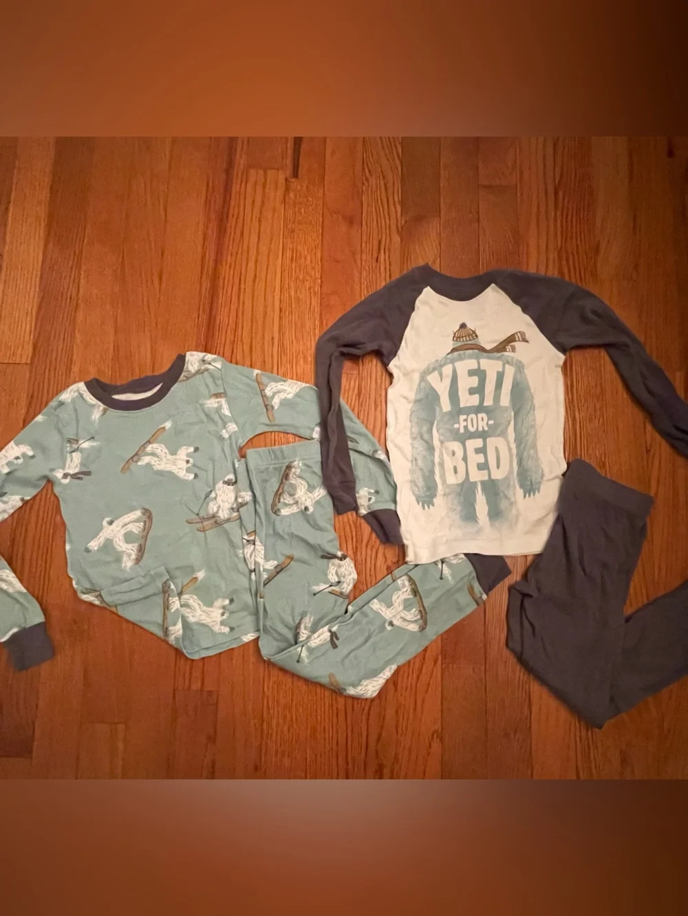 Two sets of Carter's Blue & Gray Long-Sleeve Yeti Pajama sets. Long